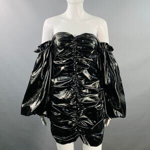 ROTATE Size 8 Phoebe Black Faux Patent Leather Ruched Mini Dress